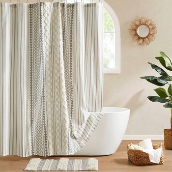 Imani Cotton Printed Shower Curtain with Chenille