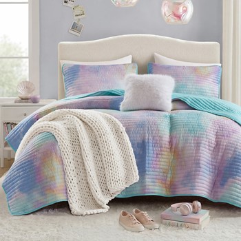 Wholesale Intelligent Design Cassiopeia Watercolor Tie Dye Printed Quilt Set with Throw Pillow