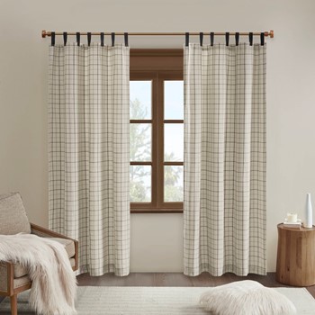 Anaheim Plaid Faux Leather Tab Top Curtain Panel with Fleece Lining