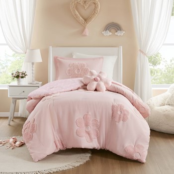 Gracie Floral Reversible Tufted Chenille Comforter Set with Flower Throw Pillow