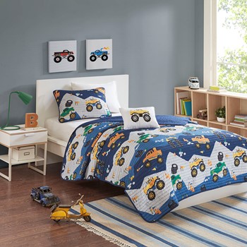 Nash Monster Truck Reversible Quilt Set with Throw Pillow