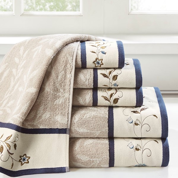 Madison Park Serene Navy Embroidered Cotton Jacquard 6 Piece Towel Set