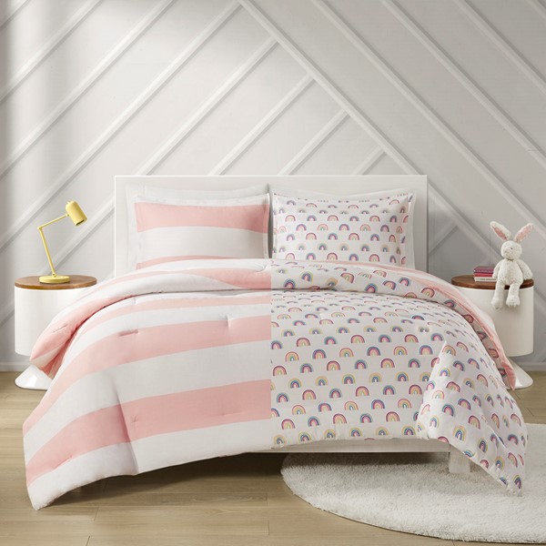 Shop Cotton Cabana Stripe Reversible Quilt Set with Rainbow Reverse Pink, Coverlet