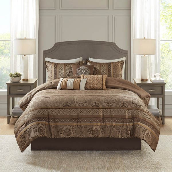 Shop Bellagio Queen 5 Piece Reversible Jacquard Bedspread Set Brown & Gold, Comforters & Blankets