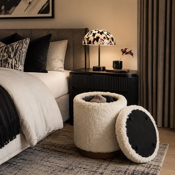 Wholesale Nicole Miller Frost Faux Fur Round Storage Ottoman with Wood Plinth