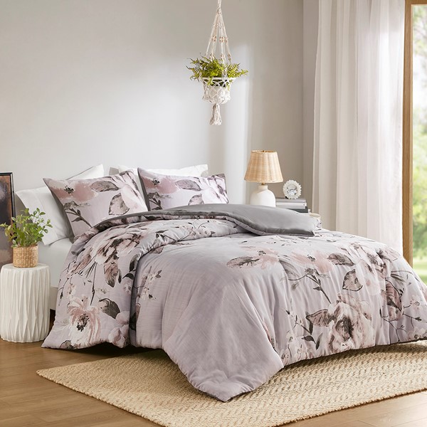 Pink And Gold Floral-Cotton Comforter Set.