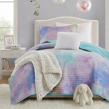 Wholesale Intelligent Design Cassiopeia Watercolor Tie Dye Printed Quilt Set with Throw Pillow
