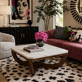 Wholesale Nicole Miller Calvedra Curve Marble-Look Coffee Table with Curved Walnut Wood Legs
