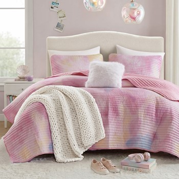 Wholesale Intelligent Design Cassiopeia Watercolor Tie Dye Printed Quilt Set with Throw Pillow