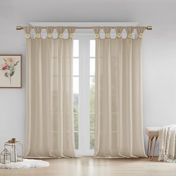 Rosette Floral Embellished Cuff Tab Top Solid Curtain Panel