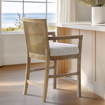 Diedra Reclaimed Wood Counter Stool with Natural Rattan Back and Upholstered Seat